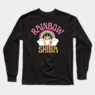 Shiba Inu Unicorn Kawaii Illustration With Rainbow And Cloud Long Sleeve T-Shirt